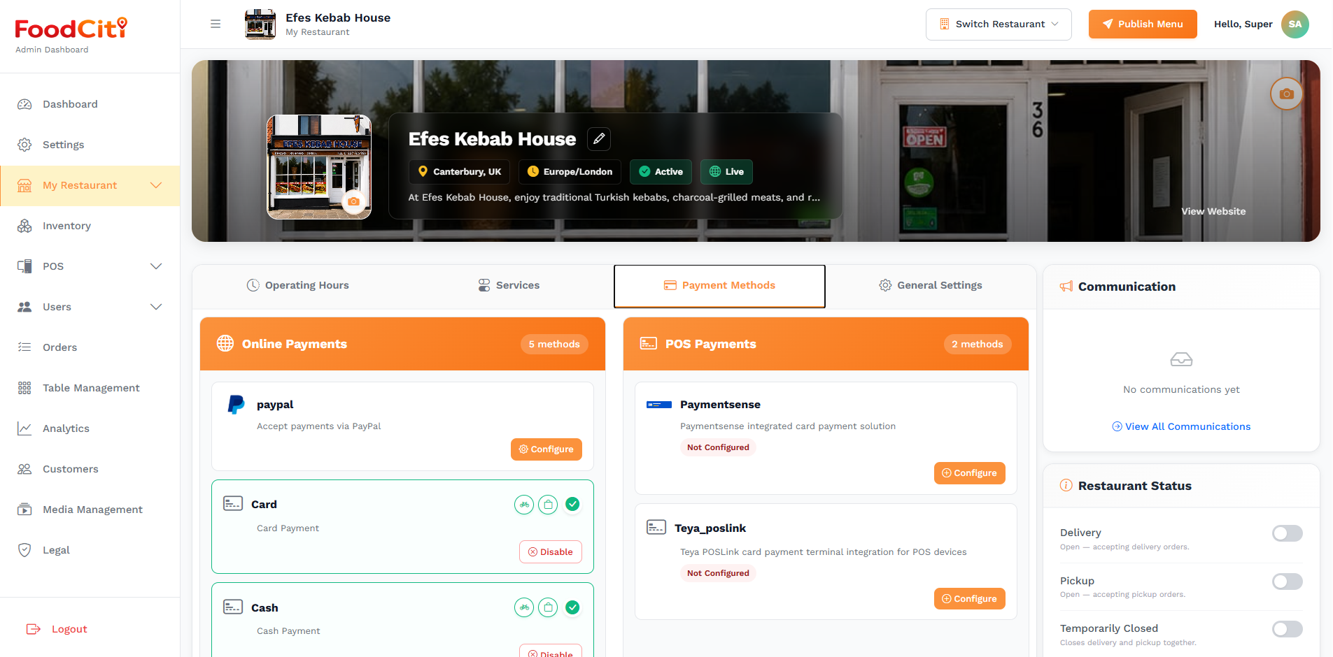 Menu published, payments connected
